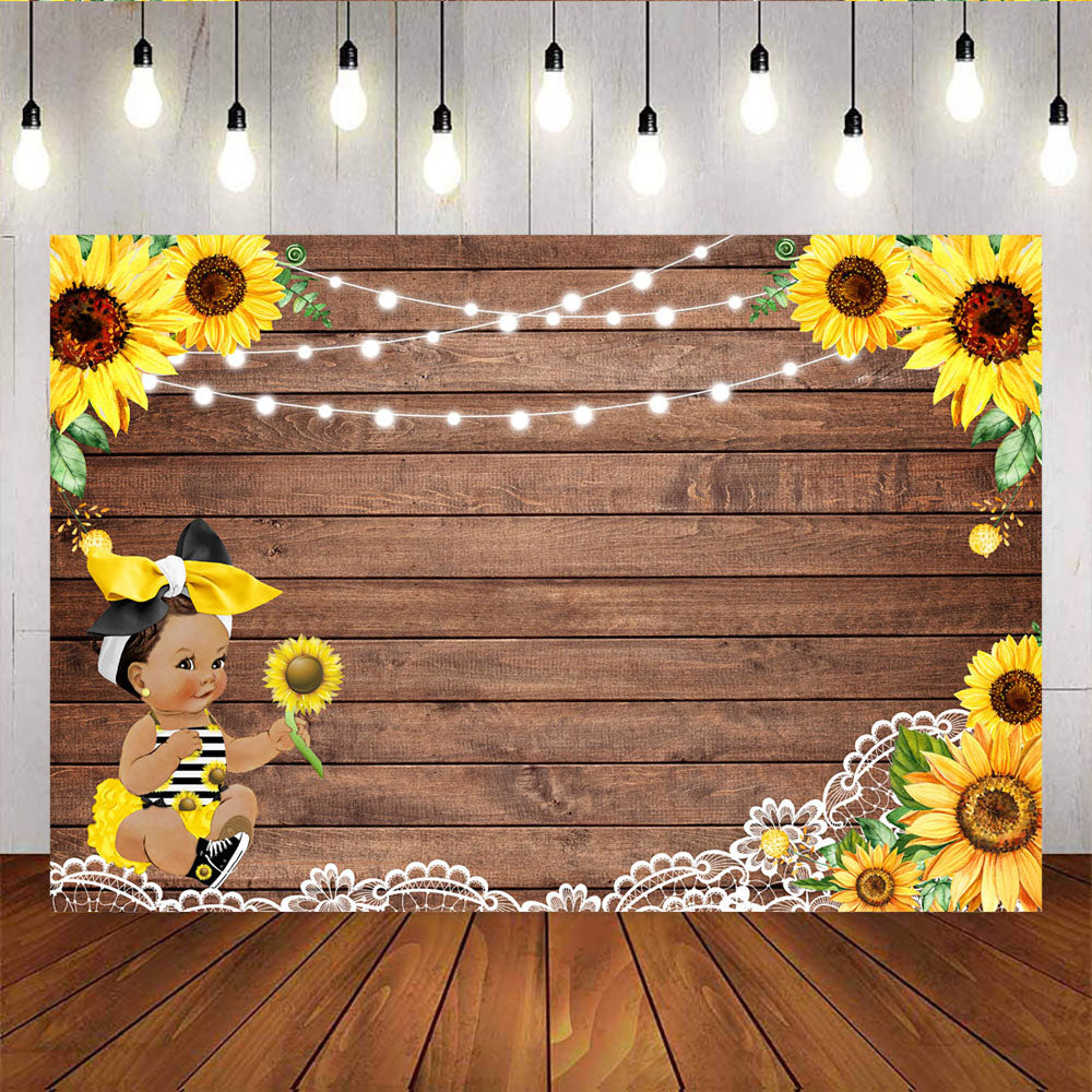 Mocsicka Sunflowers Girl Wooden Floor Baby Shower Background-Mocsicka Party