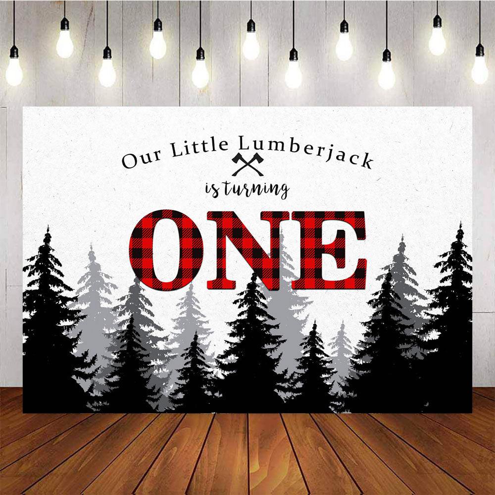 Mocsicka Our Little Lumberjack is Turning One Forest and Red Plaid Birthday Backdrop-Mocsicka Party