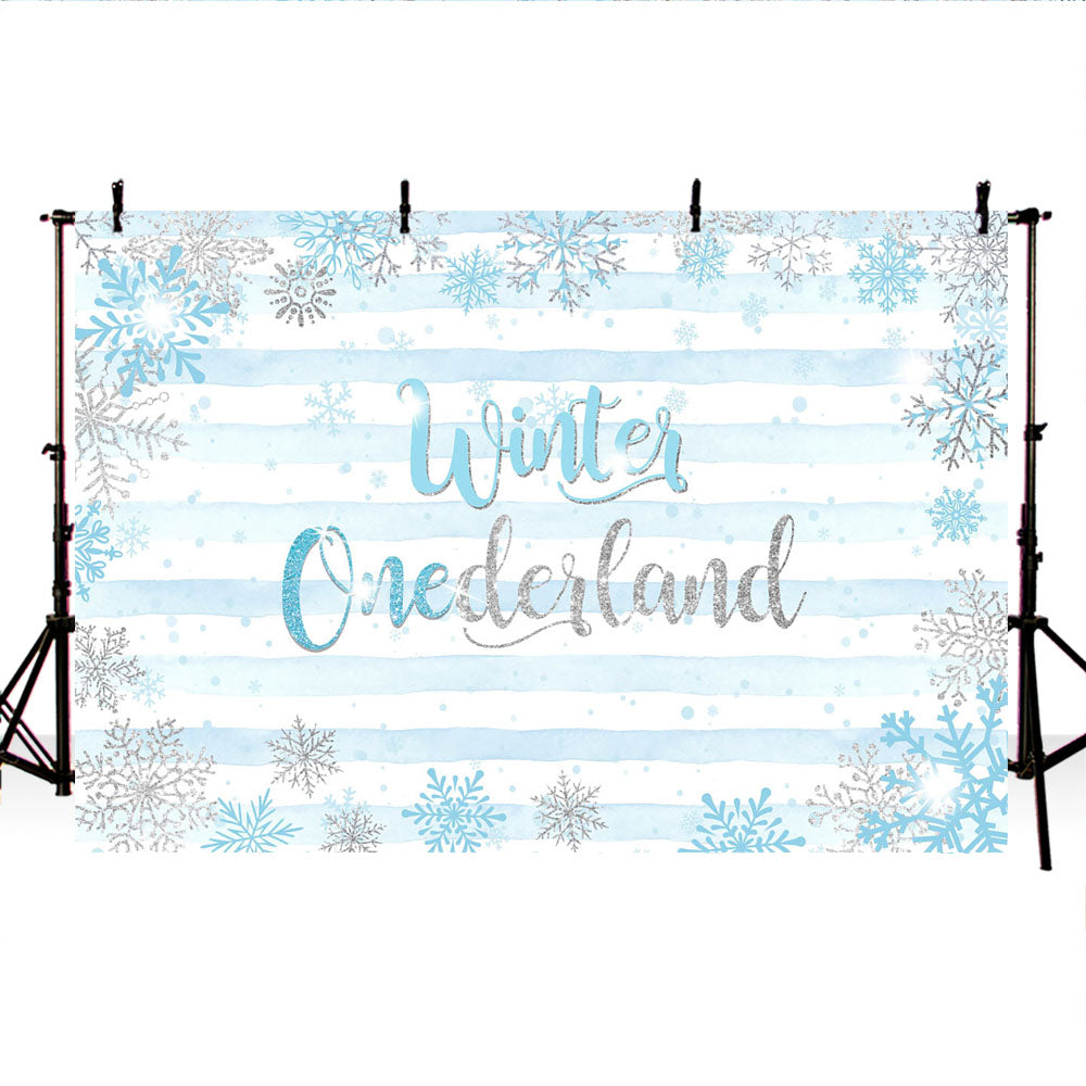 Mocsicka Winter Onederland Snowflakes and Stripes Baby Shower Backdrop