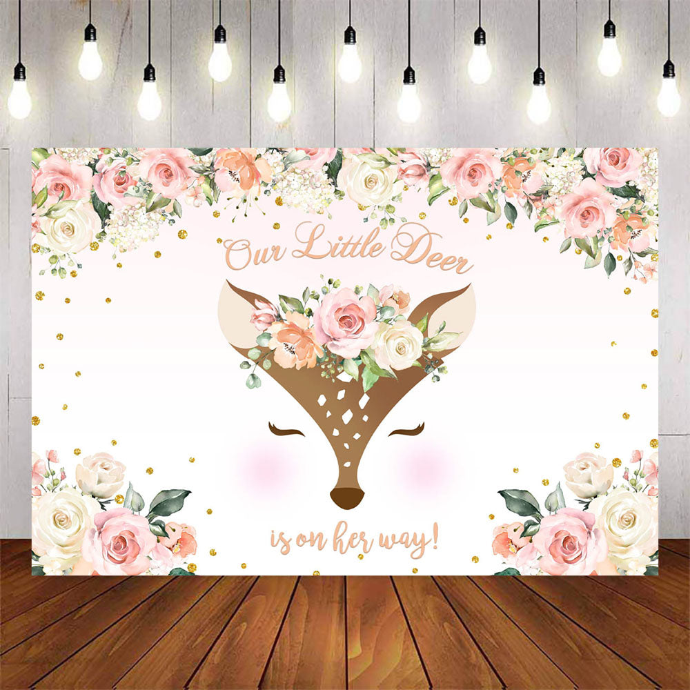 Mocsicka Our little Deer is on Her Way Fawn and Flowers Baby Shower Backdrops-Mocsicka Party