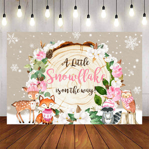 Mocsicka A Little Snowflake is on the Way Tree Stump and Animals Baby Shower Back Drop-Mocsicka Party