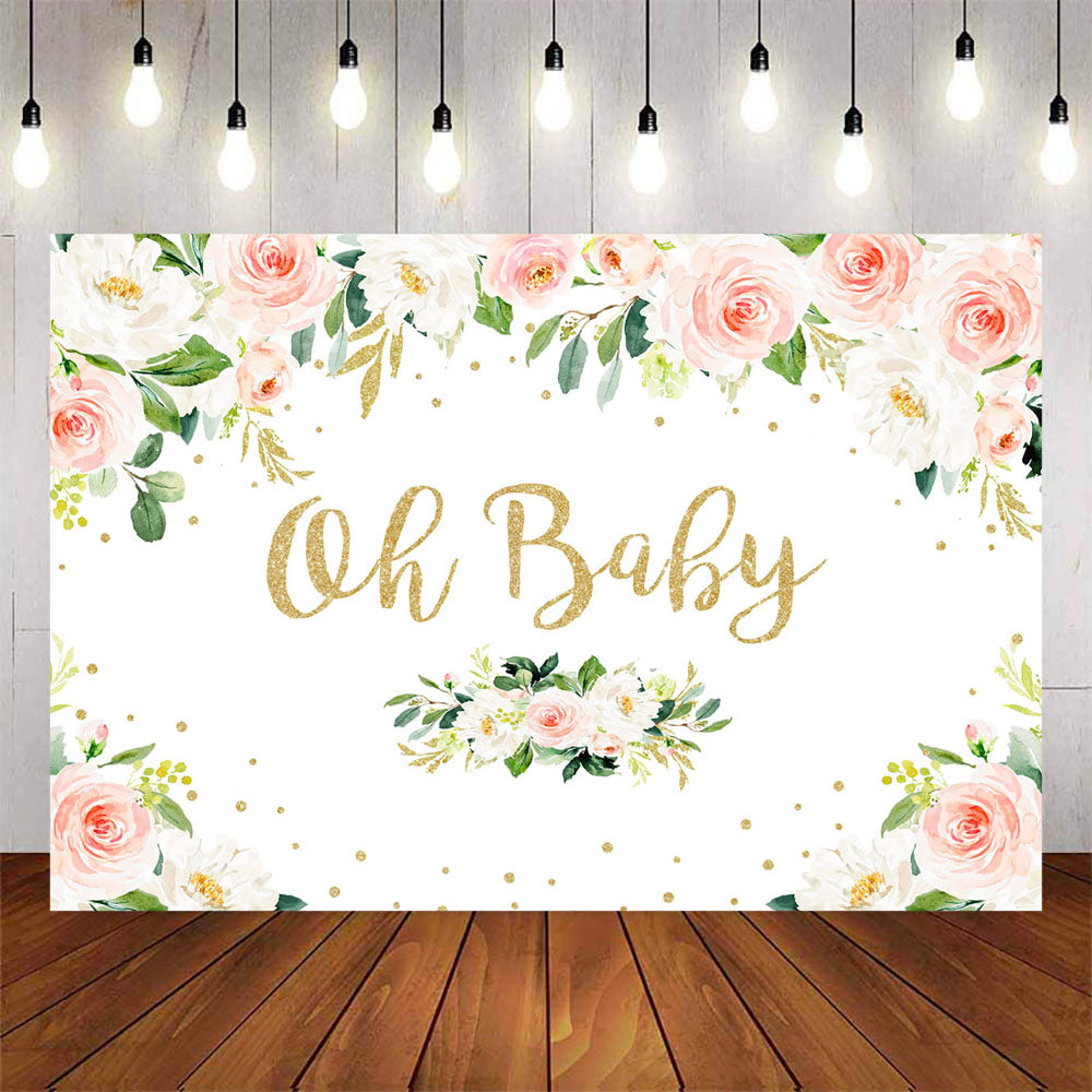 Mocsicka Oh Baby Background Flowers Gold Dots Baby Shower Decor Back Drops-Mocsicka Party