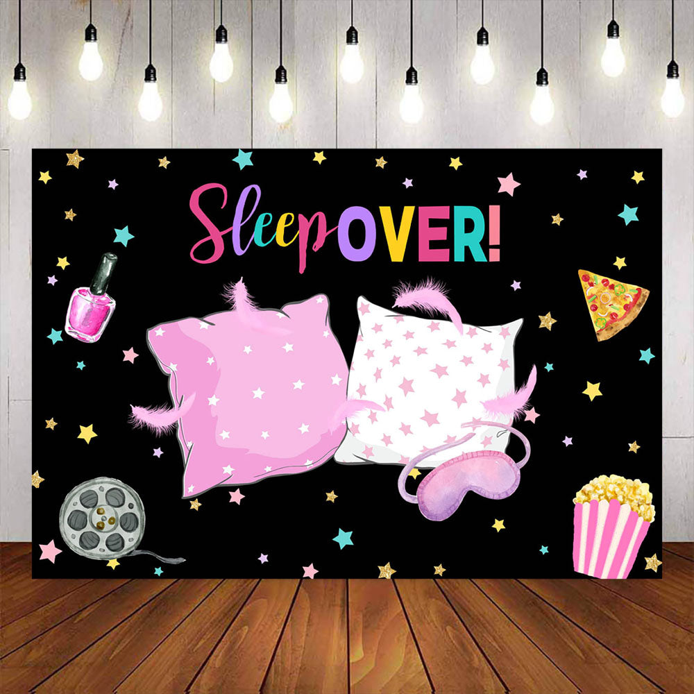 Mocsicka Sleep Over Pink Pillow Popcorns and Feather Blindfold Theme Party Backdrops-Mocsicka Party