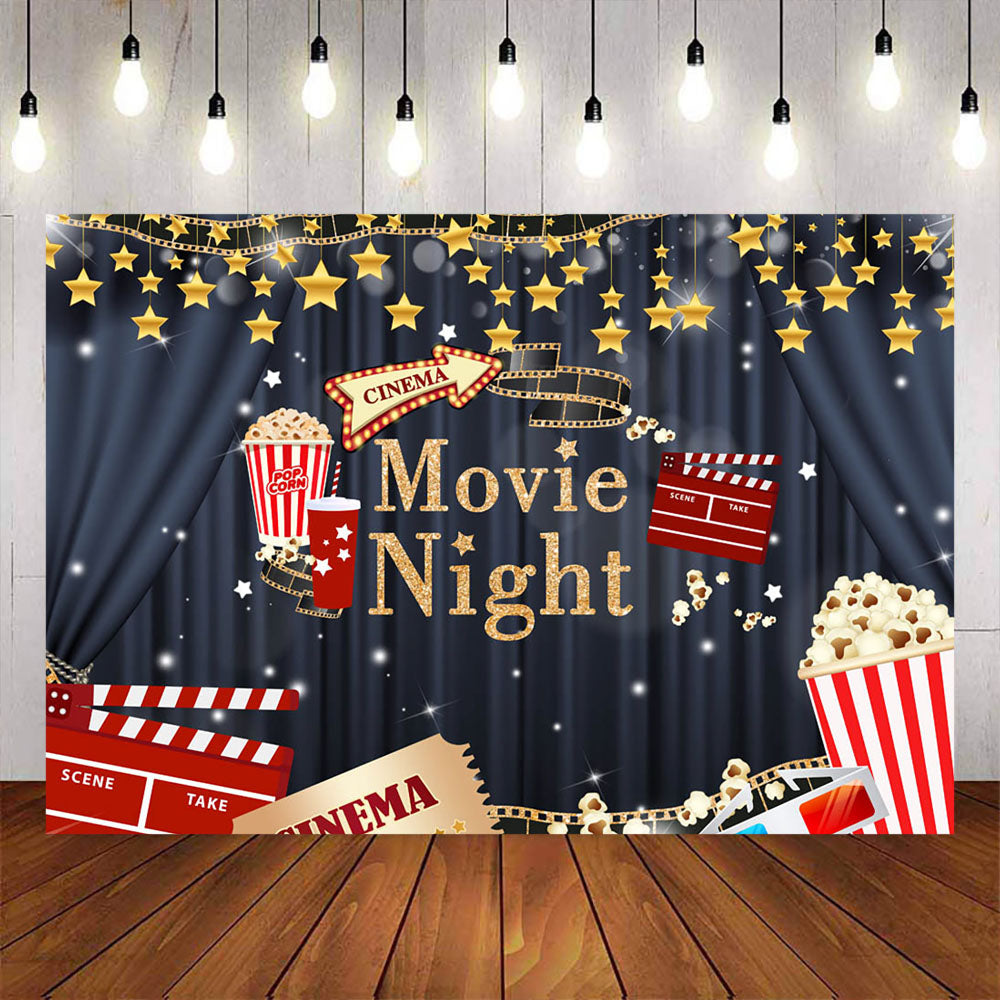 Mocsicka Movie Night Golden Stars and Popcorn Theme Party Backdrop-Mocsicka Party
