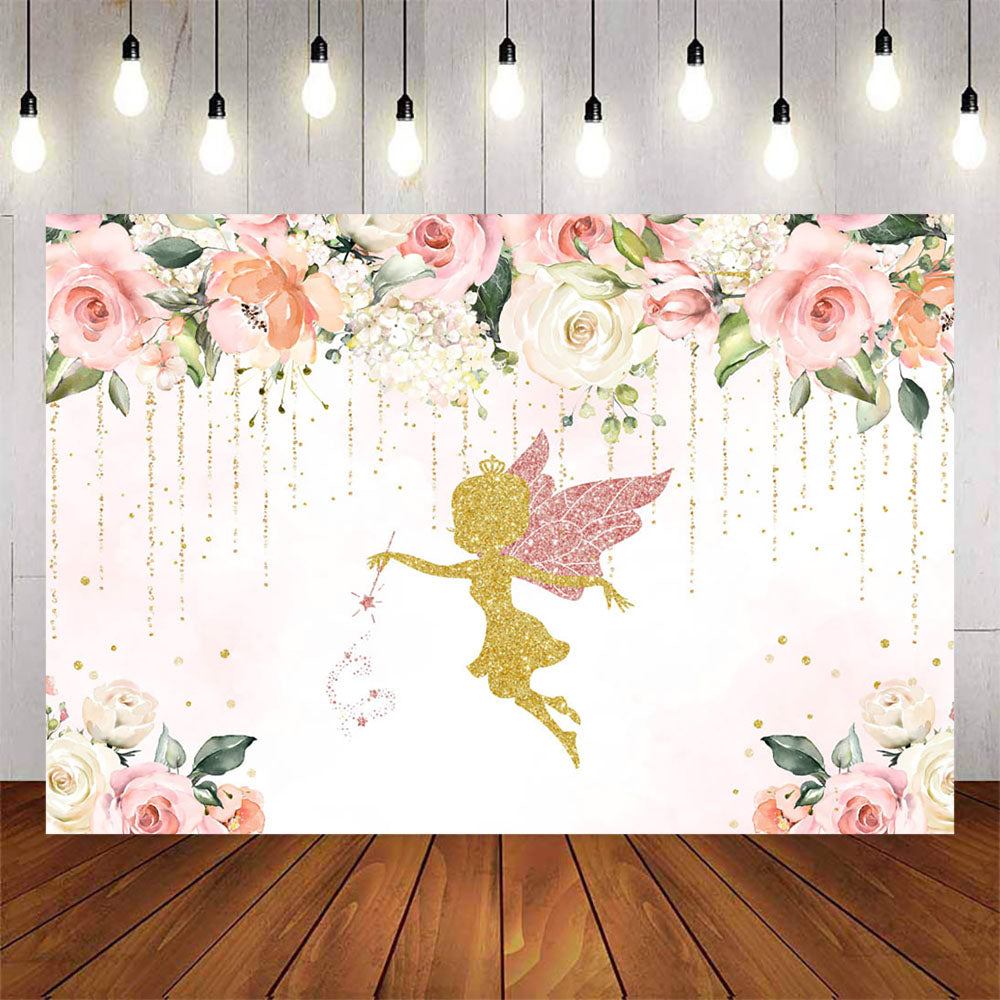 Mocsicka Golden Fairy and Pink Flowers Baby Shower Backdrop-Mocsicka Party