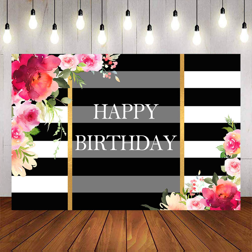 Mocsicka Black and White Stripes Watercolor Flowers Happy Birthday Backdrop-Mocsicka Party