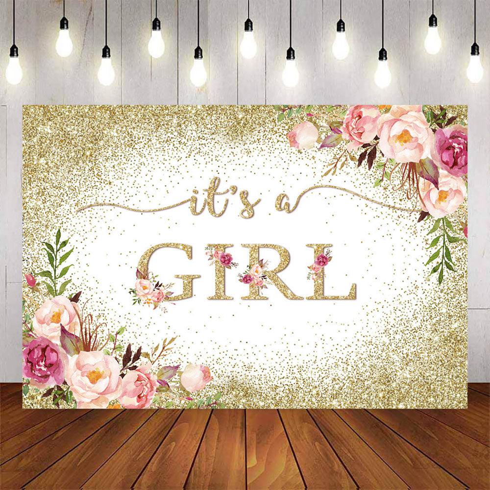 Mocsicka It's a Girl Golden Dots and Flowers Baby Shower Backdrop-Mocsicka Party