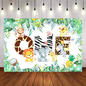 Mocsicka One Theme Wild Animals and Plam Leaves Happy Birthday Backdrop