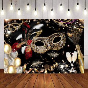 Masquerade Party Golden Mask Backdrop Birthday Background Photo Banner Decor