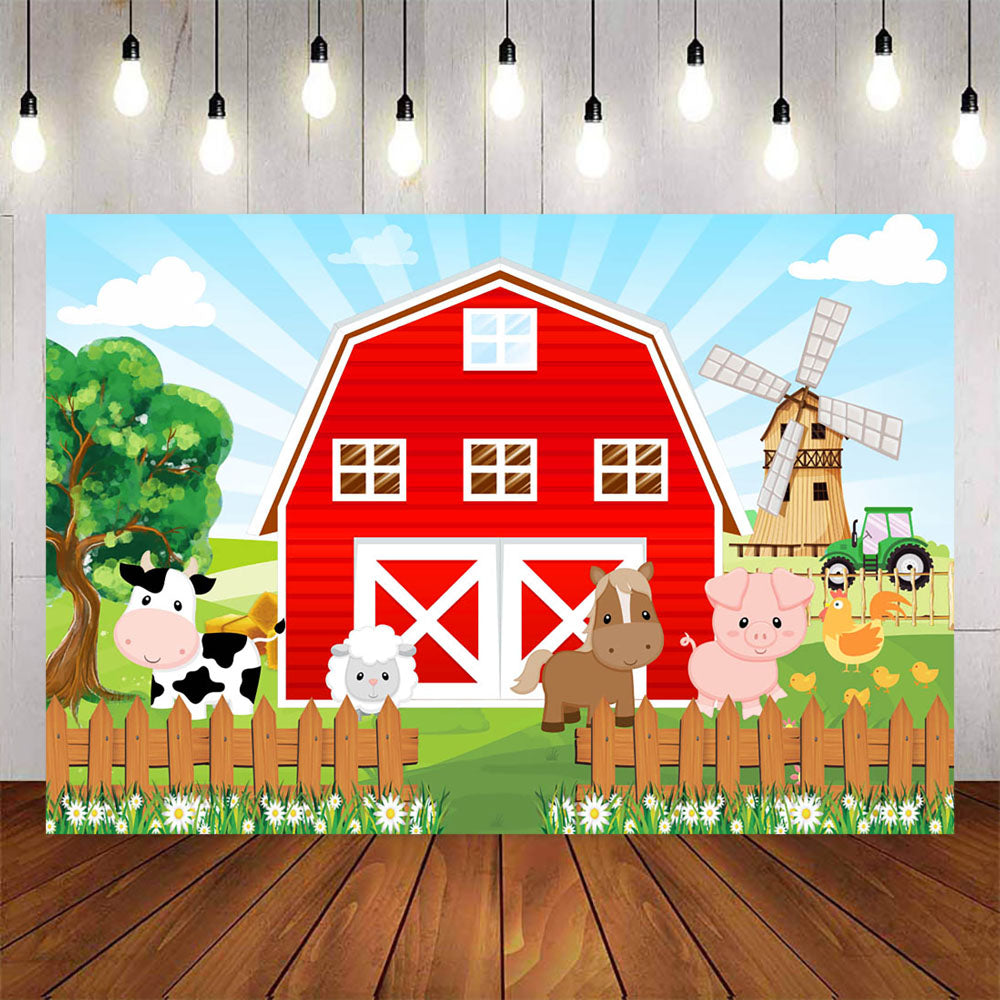 Mocsicka Red Barn Windmill Fence Happy Birthday Backdrop