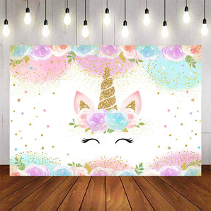 Mocsicka Golden Flower Unicorn Happy Birthday Party Background-Mocsicka Party
