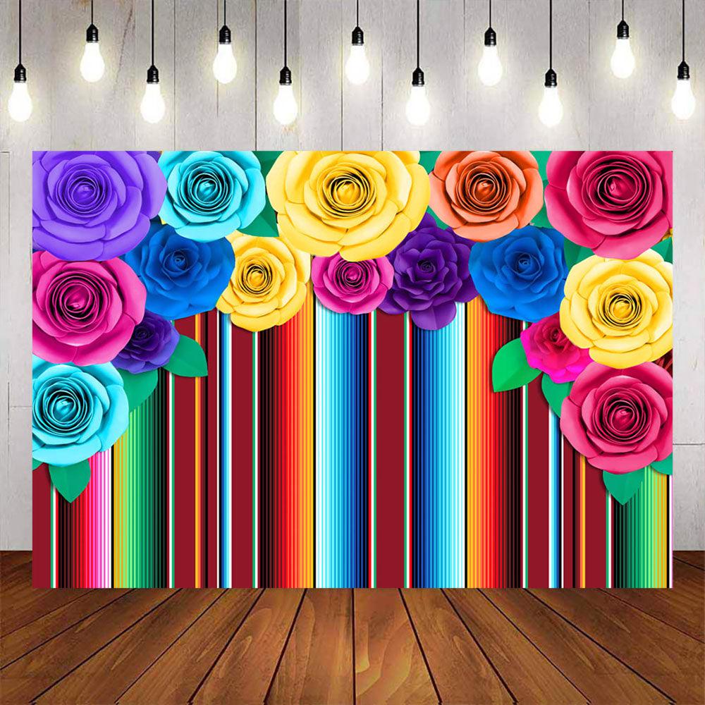 Mocsicka Stripes and Flowers Happy Adult Birthday Party Backdrop-Mocsicka Party