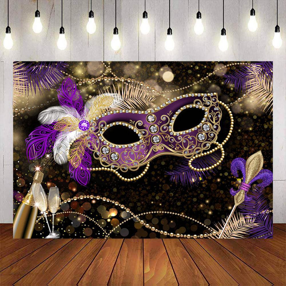 Mocsicka Happy Masquerade Party Backdrop Purple Gold Mask Photo Banners