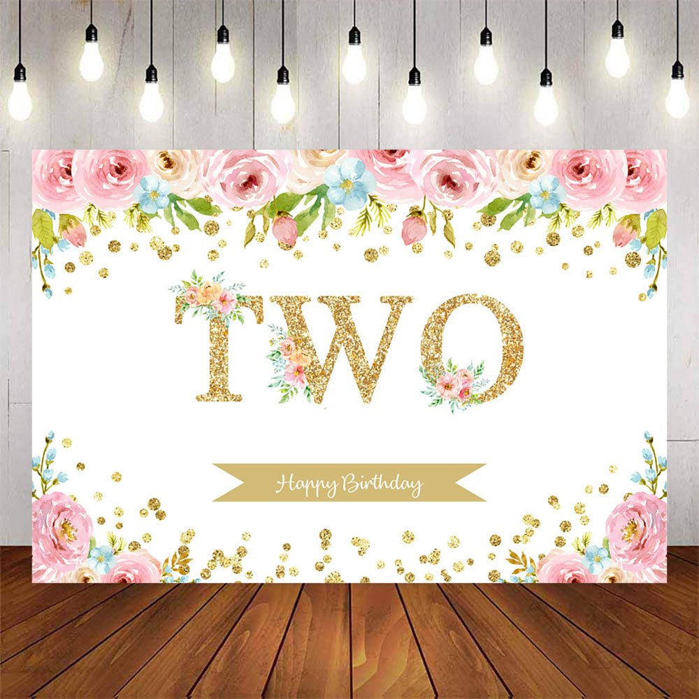 Mocsicka Happy 2nd Birthday Flowers Gold Dots Party Backgrounds-Mocsicka Party