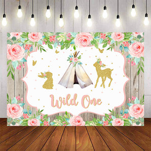 Mocsicka Wild One Gold Animals and Flowers First Birthday Backdrop-Mocsicka Party