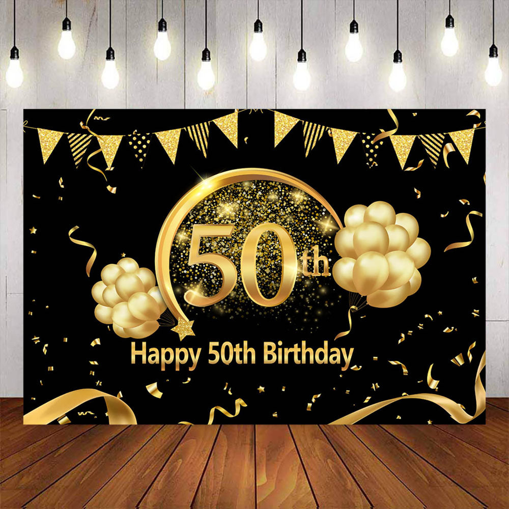 Mocsicka Happy 50th Birthday Golden Balloons Ribbon Photo Backdrops-Mocsicka Party