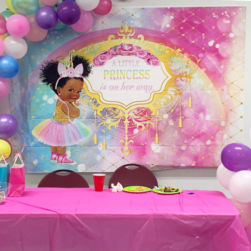 Mocsicka Unicorn Princess on Her Way Backdrop Rainbow Baby Shower Background-Mocsicka Party