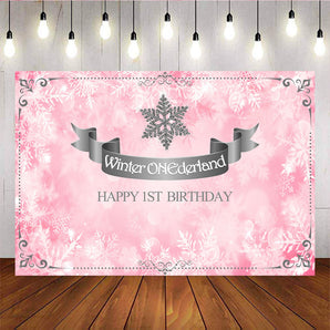 Mocsicka Winter Onederland Snowflakes Happy 1st Birthday Party Pink Background-Mocsicka Party