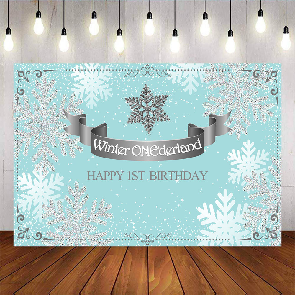 Mocsicka Winter Onederland Happy 1st Birthday Party Decor Sliver Snowflakes Green Background-Mocsicka Party