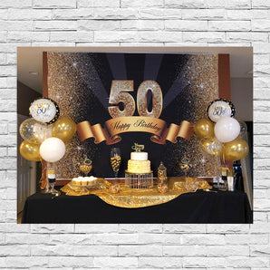 Mocsicka Goldden 50th Birthday Backdrop Black Gold Custom Back Drops-Mocsicka Party