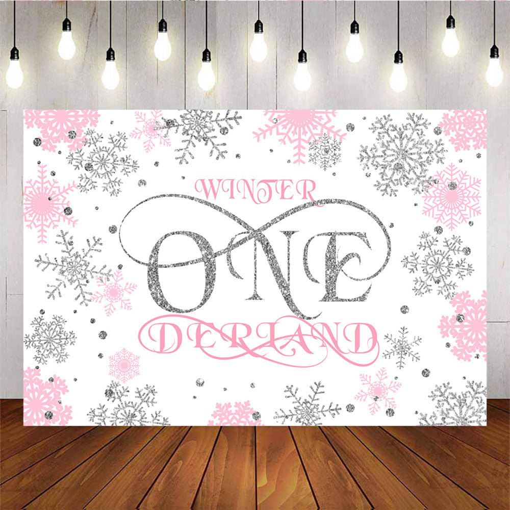 Mocsicka Winter Onederland Sliver Pink Snowflakes Baby Shower Backdrops-Mocsicka Party