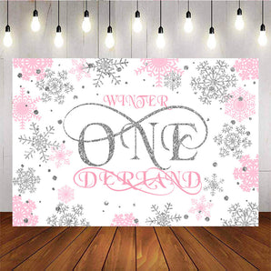 Mocsicka Winter Onederland Sliver Pink Snowflakes Baby Shower Backdrops-Mocsicka Party