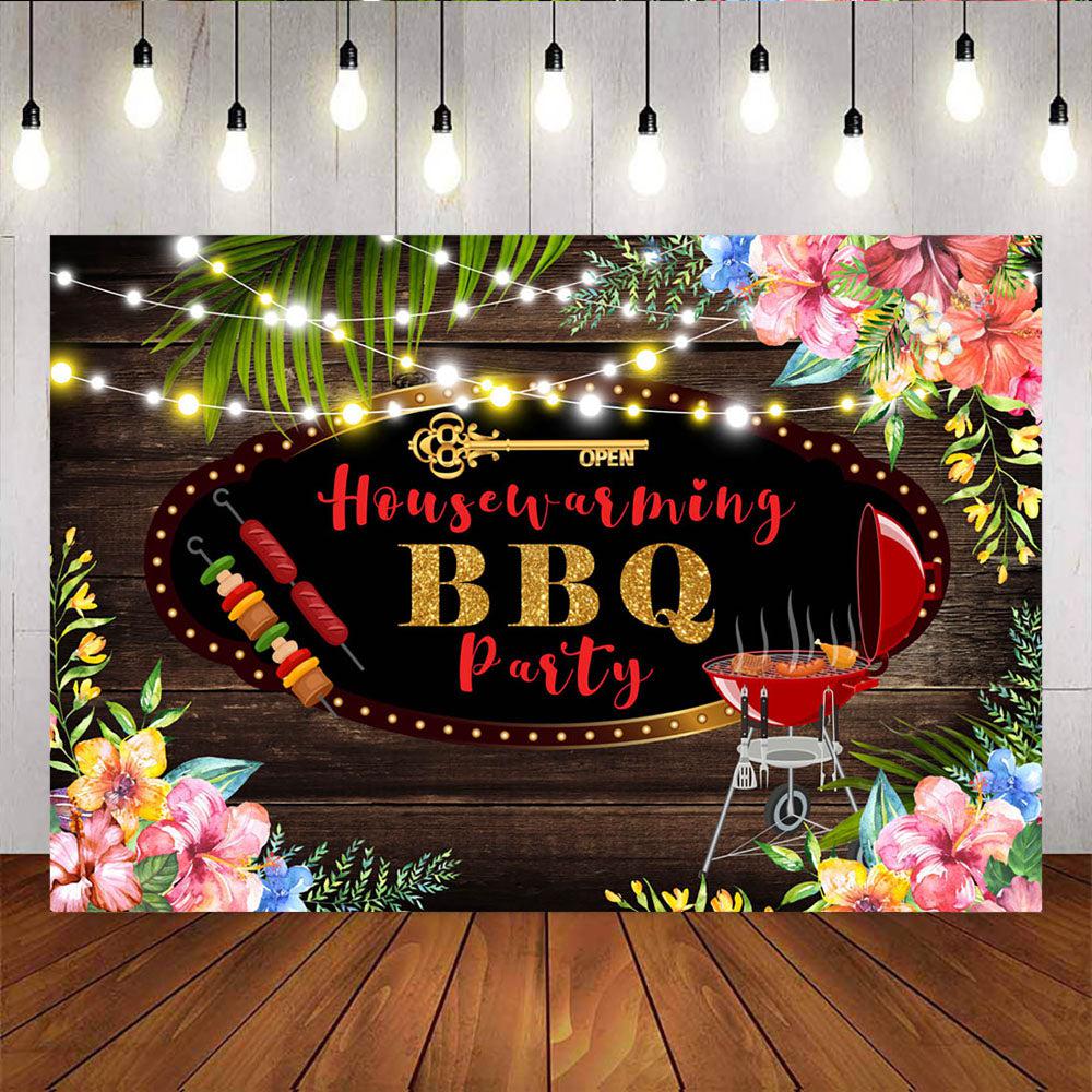 Mocsicka BBQ Party Back Ground Wooden Floor Barbecue and Flowers Baby Shower Backdrop-Mocsicka Party