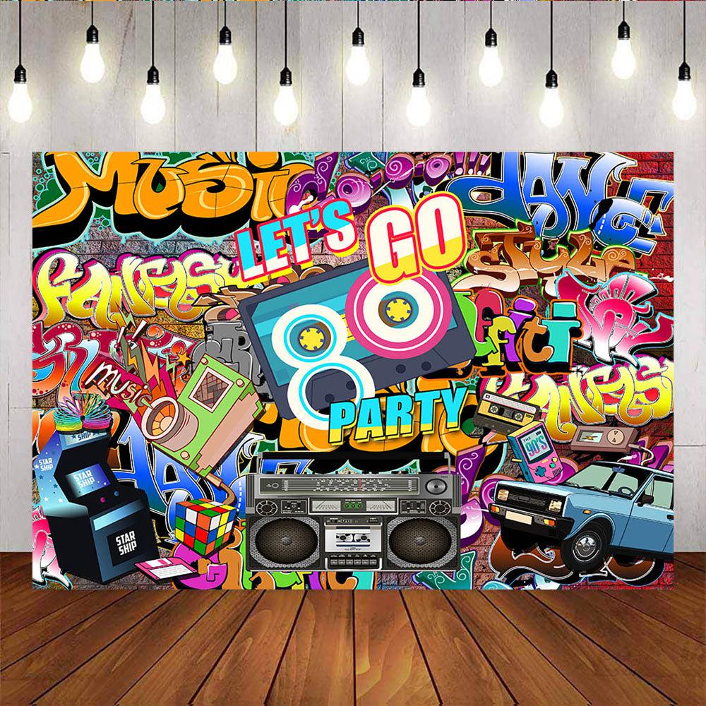 Mocsicka Let's Go 80s Party Backdrop Retro Radio and Graffiti Wall Photo Background-Mocsicka Party