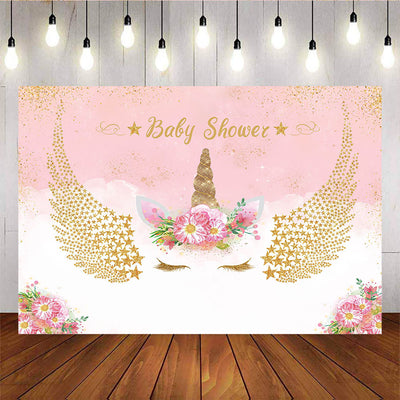 Mocsicka Golden Unicorn and Wings Baby Shower Backdrop Custom Newborn Party Prop-Mocsicka Party