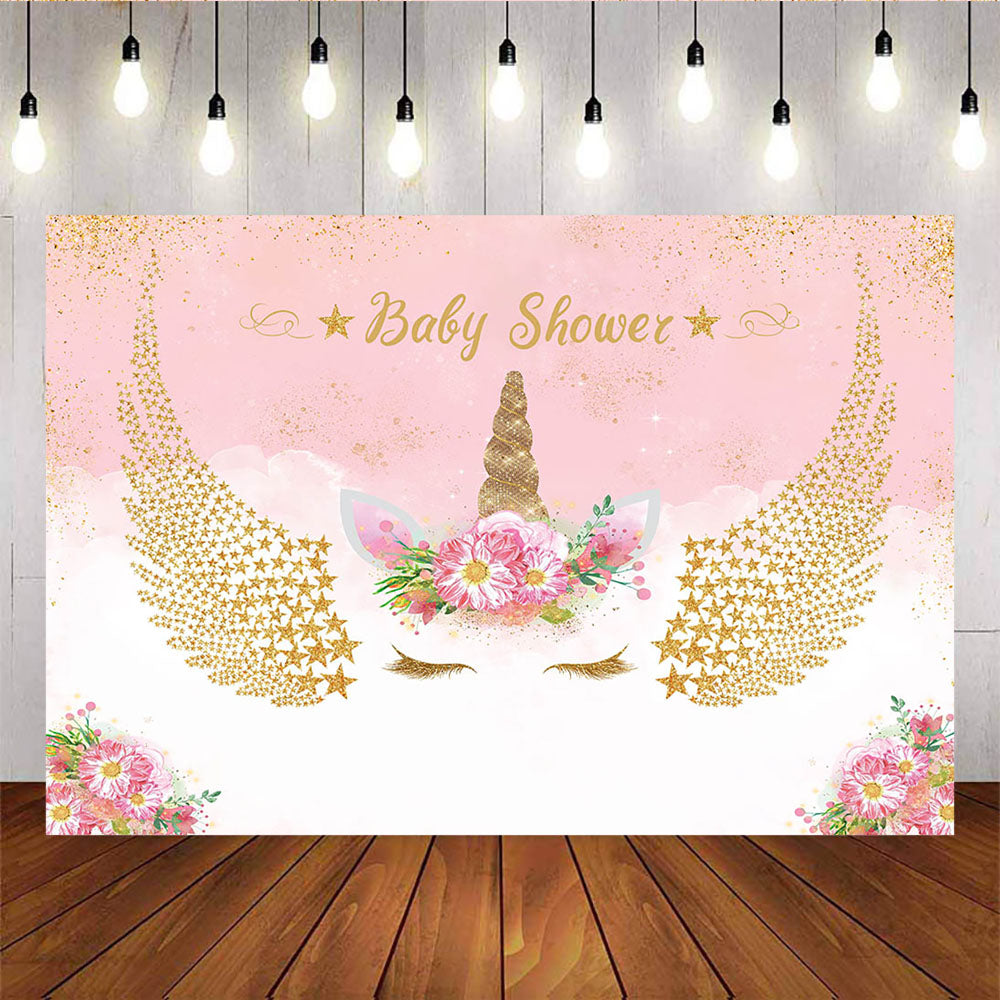 Mocsicka Golden Unicorn and Wings Baby Shower Backdrop Custom Newborn Party Prop-Mocsicka Party