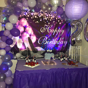Mocsicka Happy Birthday Decor Sliver Champagne High Heels and Purple Balloons Backdrop-Mocsicka Party