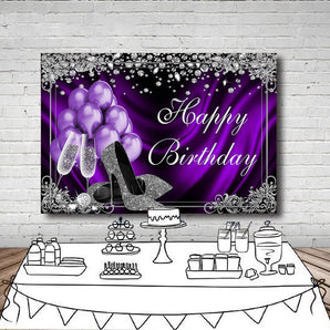 Mocsicka Happy Birthday Decor Sliver Champagne High Heels and Purple Balloons Backdrop