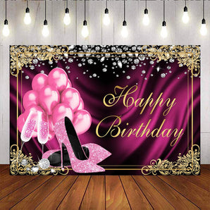 Mocsicka Happy Birthday Decor Pink Champagne High Heels and Balloons Backdrop-Mocsicka Party