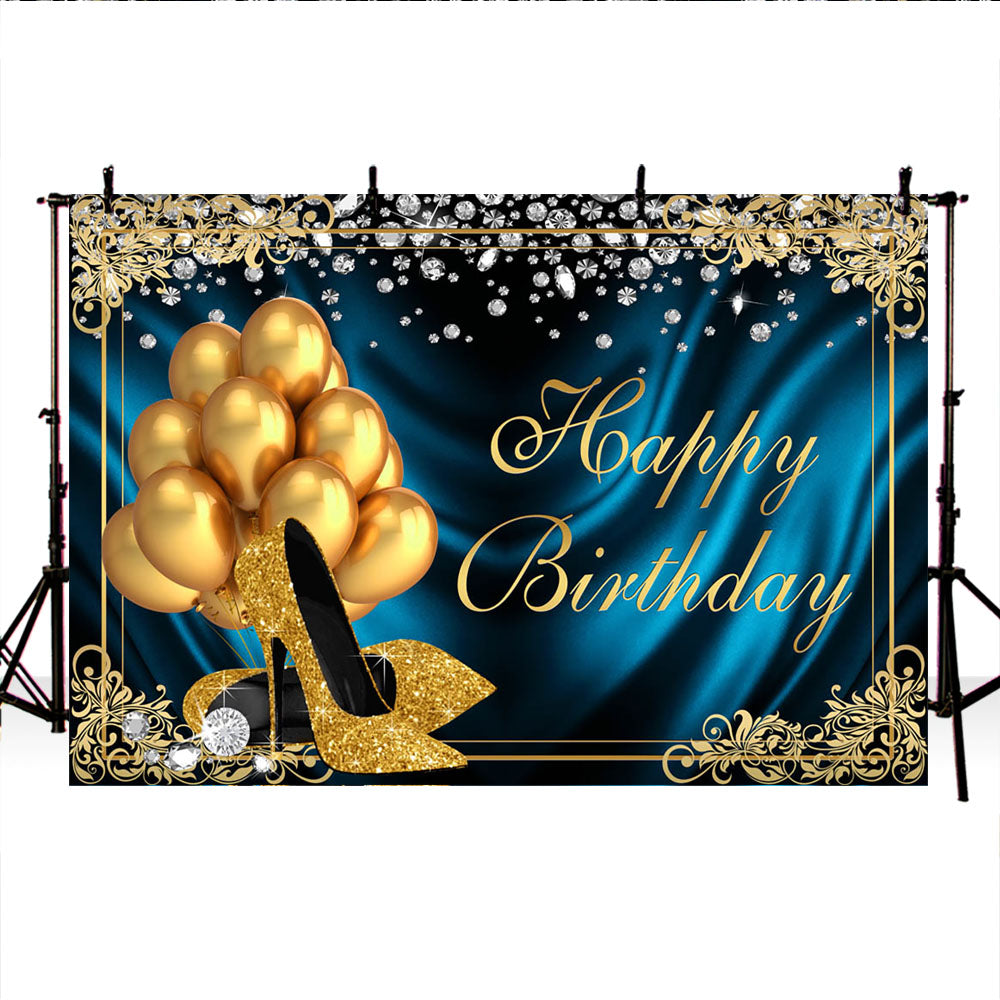 Mocsicka Happy Birthday Golden Champagne High Heels and Diamonds Backdrop