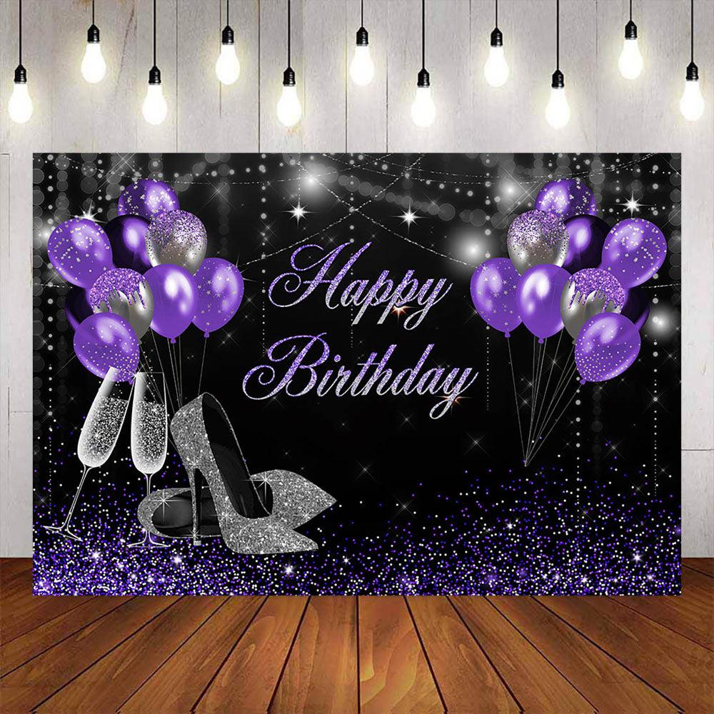 Mocsicka Purple Balloons and Champagne High Heels Happy Birthday Backdrop-Mocsicka Party
