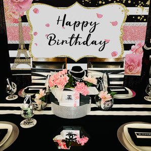 Mocsicka Golden Eiffel Tower Pink Flowers and Stripes Happy Birthday Backdrop-Mocsicka Party