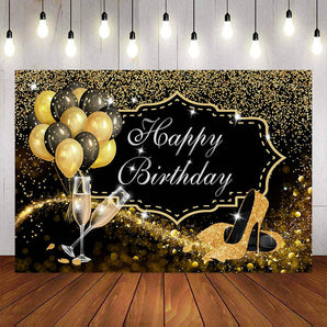 Mocsicka Golden Champagne Balloons Happy Birthday Backdrop-Mocsicka Party