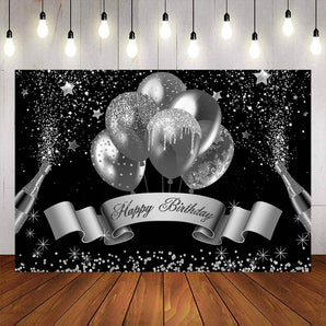 Mocsicka Sliver Balloons and Champagne Happy Birthday Background-Mocsicka Party