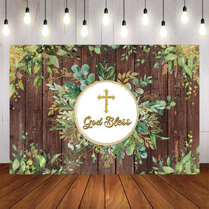 Mocsicka Plam Leaves and Gold Dots God Bless Baby Shower Background-Mocsicka Party