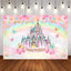 Mocsicka Pink Castle and Rainbow Flowers Happy Birthday Backdrop-Mocsicka Party