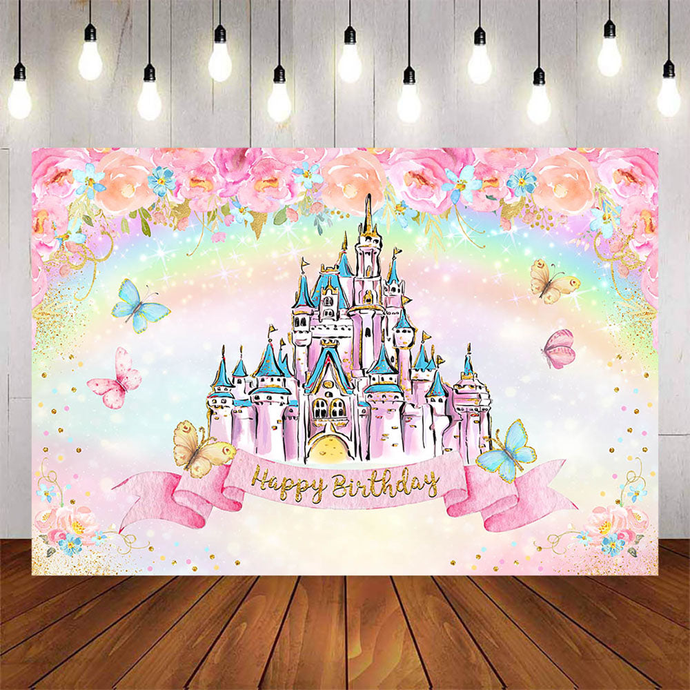 Mocsicka Pink Castle and Rainbow Flowers Happy Birthday Backdrop-Mocsicka Party