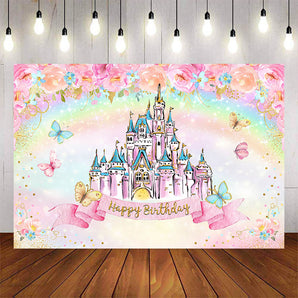 Mocsicka Pink Castle and Rainbow Flowers Happy Birthday Backdrop-Mocsicka Party