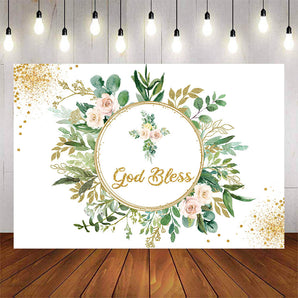 Mocsicka Gold Circle Green Leaves God Bless Baby Shower Backdrop-Mocsicka Party