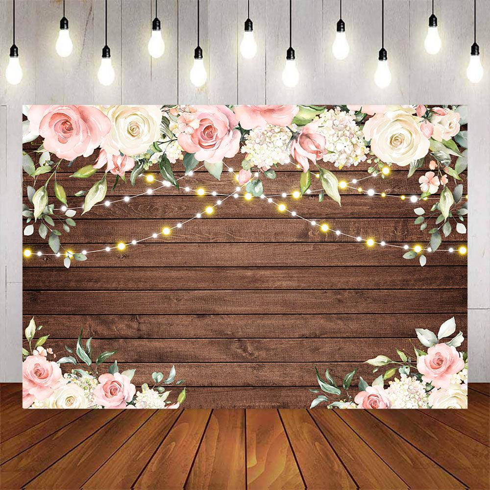 Mocsicka Pink Flowers and Wooden Floor Photo Backdrop-Mocsicka Party