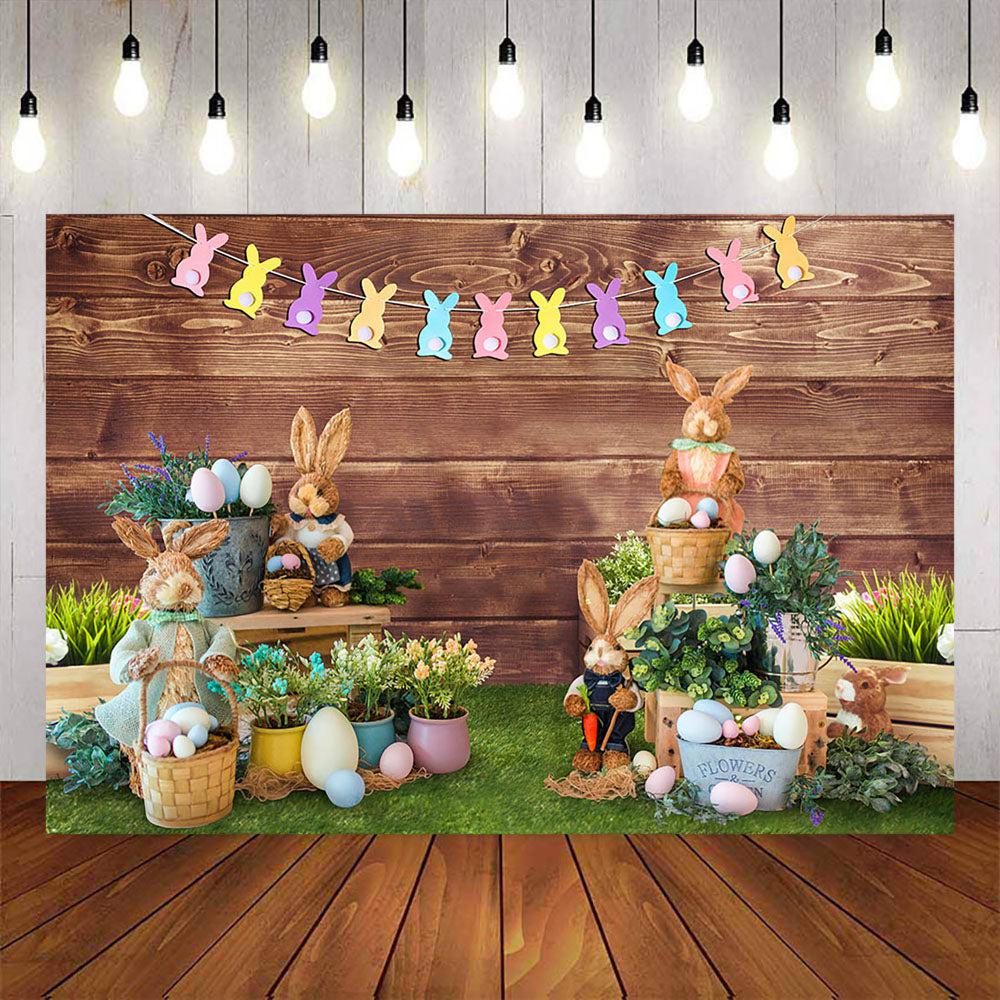 Mocsicka Easter Eggs and Rabits Wooden Floor Photo Backdrop-Mocsicka Party