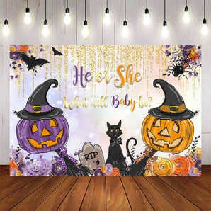 Mocsicka He or She Halloween Pumpkin Gender Reveal Backdrop-Mocsicka Party