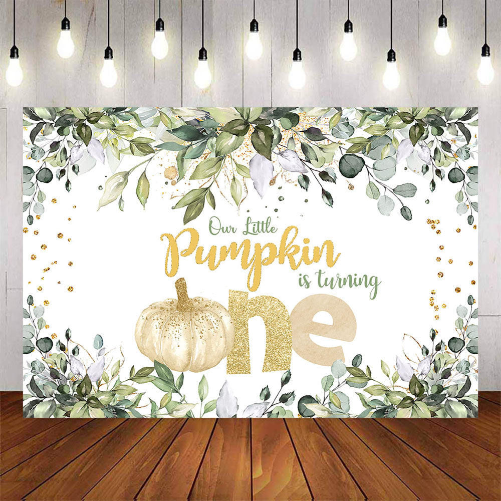 Mocsicka Little Pumpkin and Green Leaves Happy Birthday Backdrop-Mocsicka Party