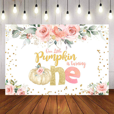 Mocsicka Little Pumpkin and Pink Flowers Happy Birthday Backdrop-Mocsicka Party
